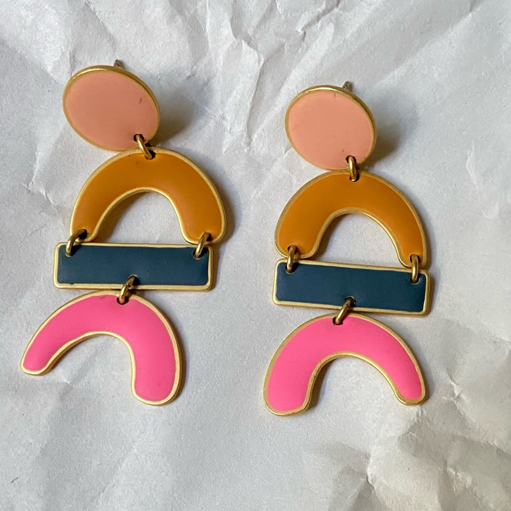 Madewell statement earrings pink blue orange geometric boho brass gold dangle